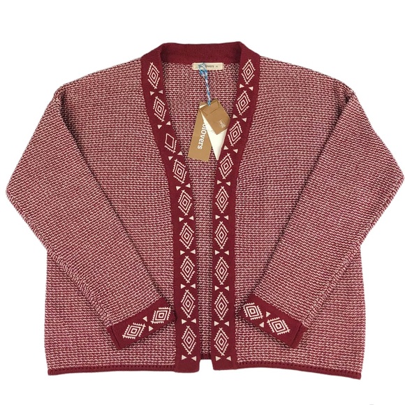 Woolovers New Womens Open Embroidered Placket Carmine Red/Cream Cardigan Size M - Picture 4 of 8